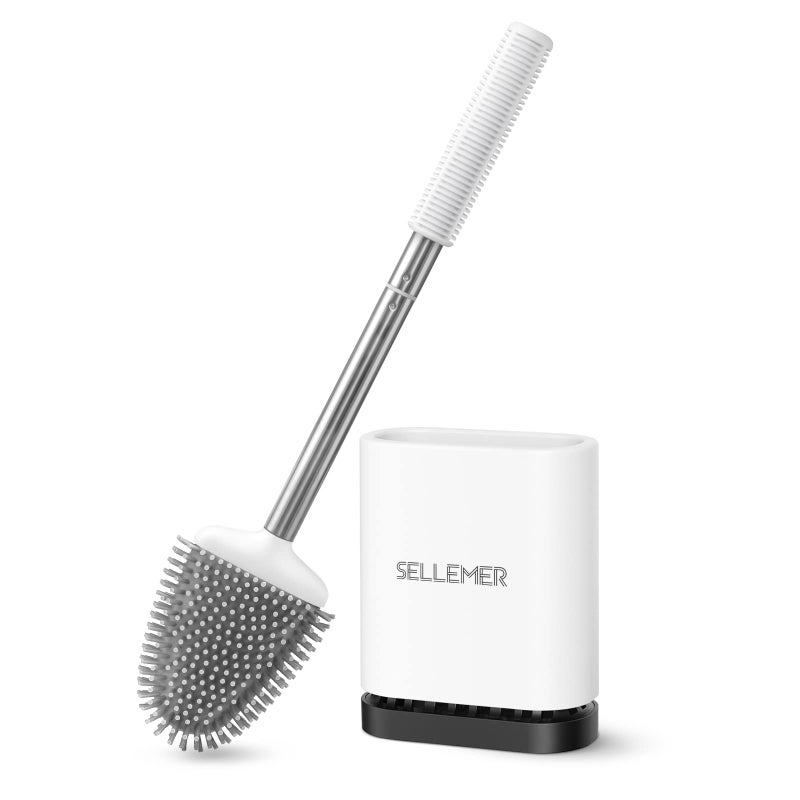 Sellemer مجموعة فرشاة المرحاض وحامل Sellemer للحمام، رأس فرشاة المرحاض المرن مع شعيرات السيليكون، حجم صغير للتخزين وتنظيم قاعدة فتحات التهوية (عبوة واحدة متعددة الألوان) - Image 1